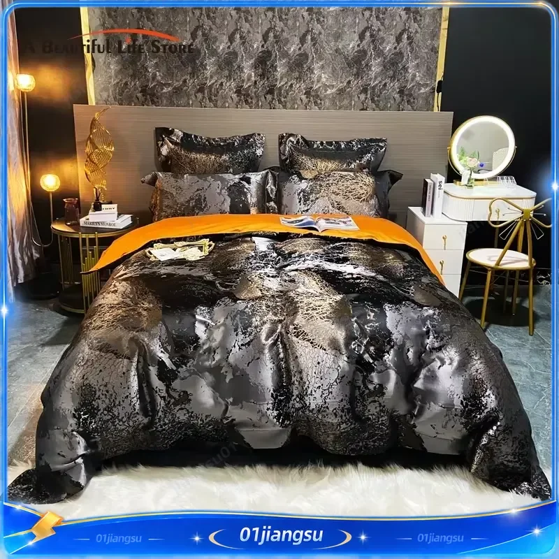 Luxury Jacquard Egyptian Cotton Bedding Set Satin Duvet Cover Fitted Sheet Pillowcases Black Gold High Quality Home Textile