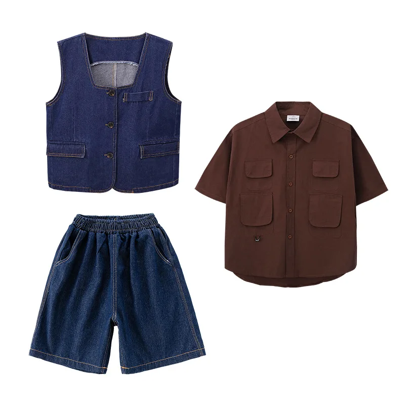 Kid Hip Hop Kleidung Kaffee Übergroßes Hemd Denim Weste Lässige Breite Jeans Baggy Hosen Shorts für Jungen Mädchen Tanz Kostüm Kleidung