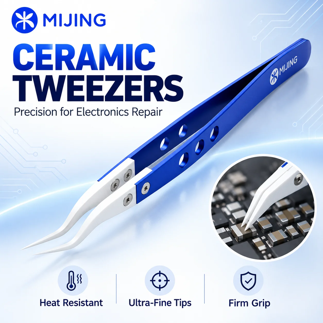Mijing Ceramic Tweezers Straight Curved Tips Heat Resistant Insulated Tool for Battery Cell Transfer and Protection Board Repair