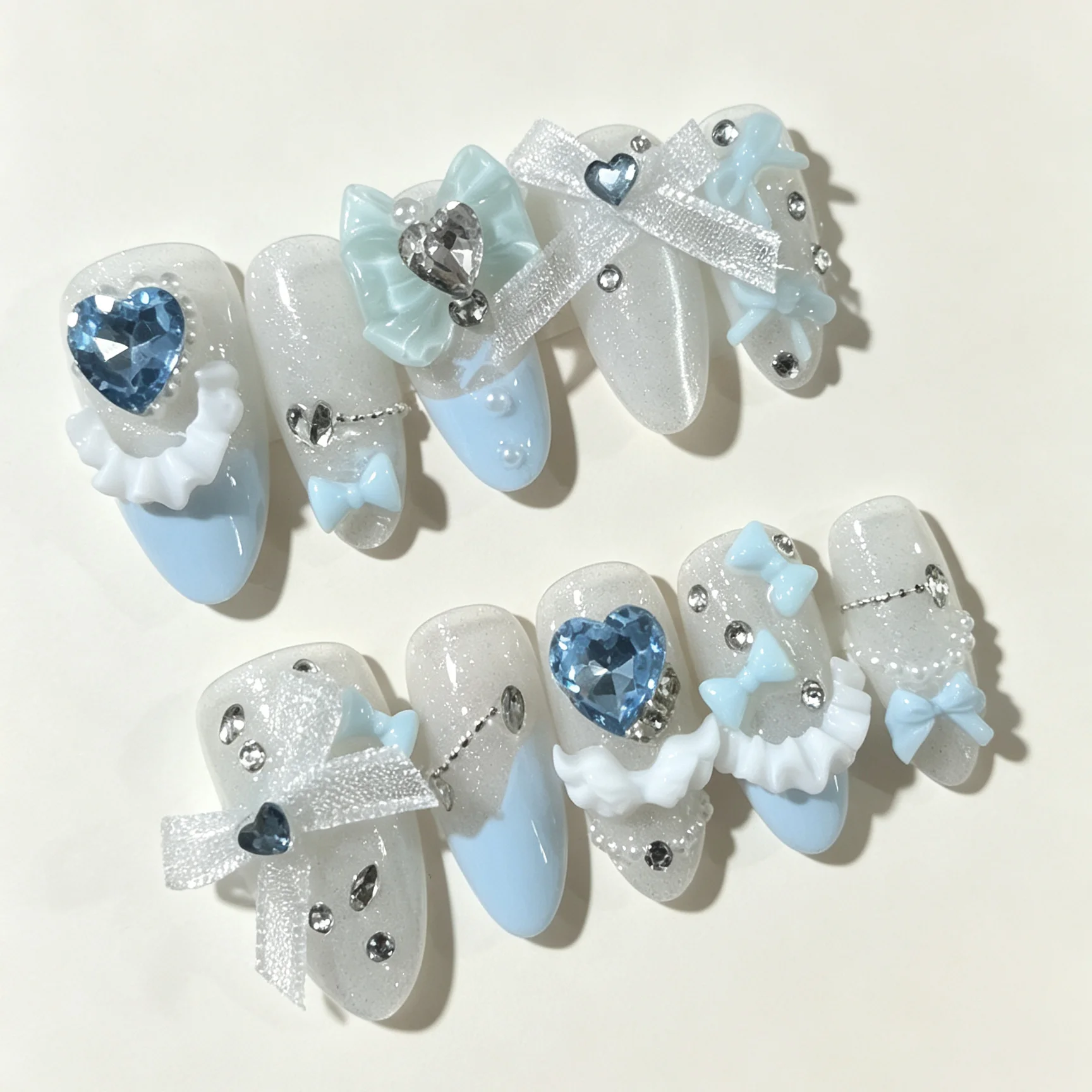 10 Pieces of Hand Pressed Almond Shaped Nails, Beautiful Fake Nails, Ice Blue Princess Rhinestones, Suitable for Women to Use