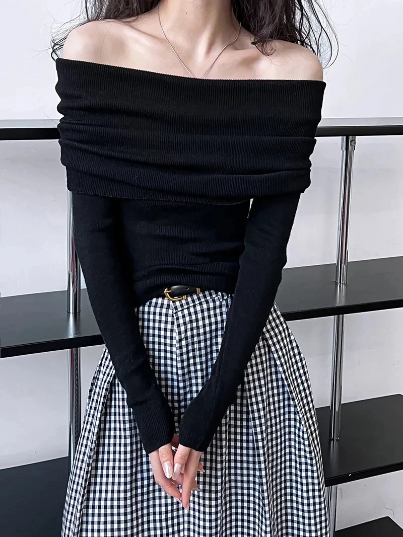 Women's Off Shoulder Knitted Sweater Autumn Simple Long Sleeve Pullover Knit Tops Jumper Soft Slim Fit Sweaters for Women