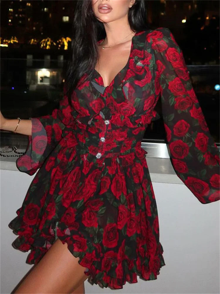 

Tossy Printed V-Neck Patchwork Mini Dress Women Ruffled Long Sleeve High Waist Fashion Commute Party Dress Female Contrast Dress