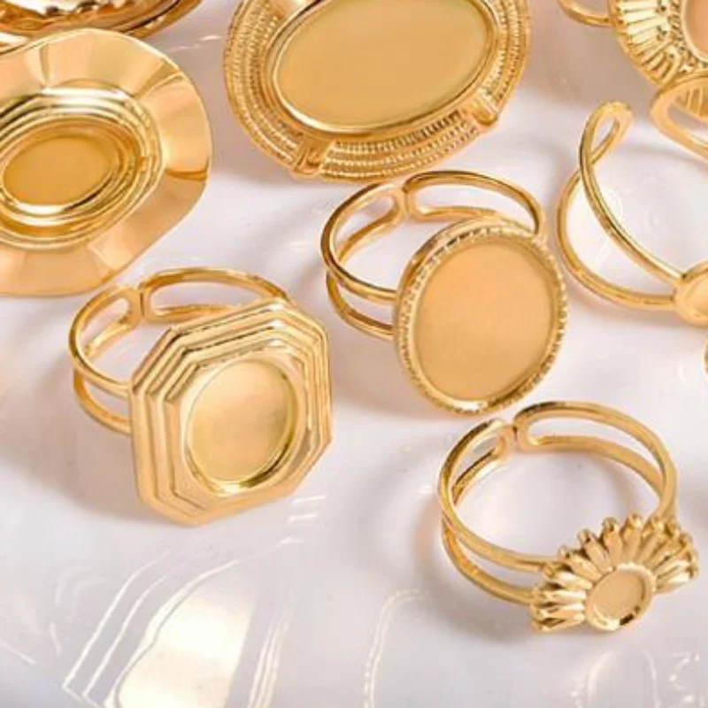 Adjustable Open DIY Cabochons Jewelry Ring 1Pcs Stainless Steel Heart Sun Leaf Pattern for Valentine's Gift