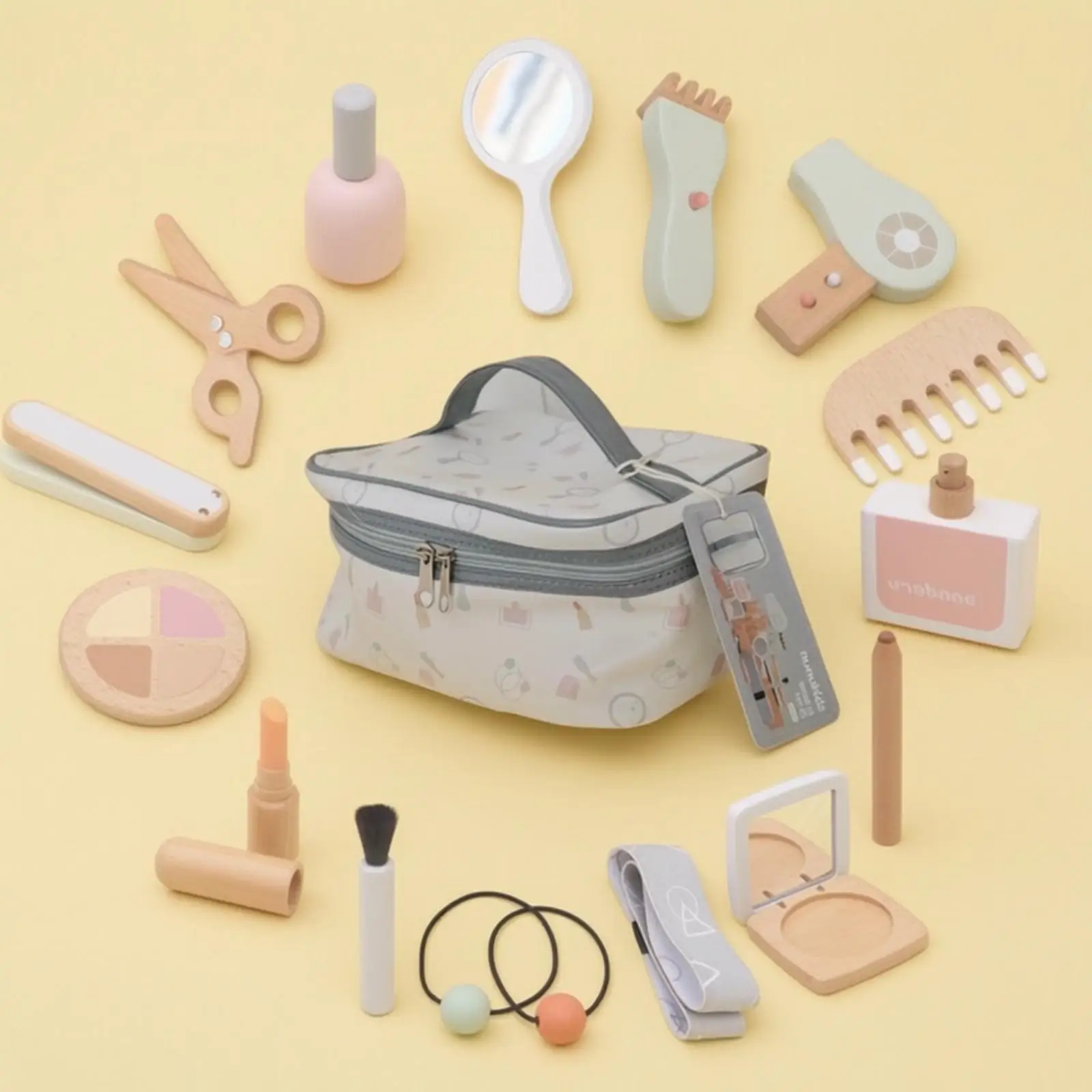 Wooden Beauty Toy Set Soft-Sided Toy Beauty Set with Cosmetic Bag Pretend Makeup Kit with Storage Bag Portable for Children