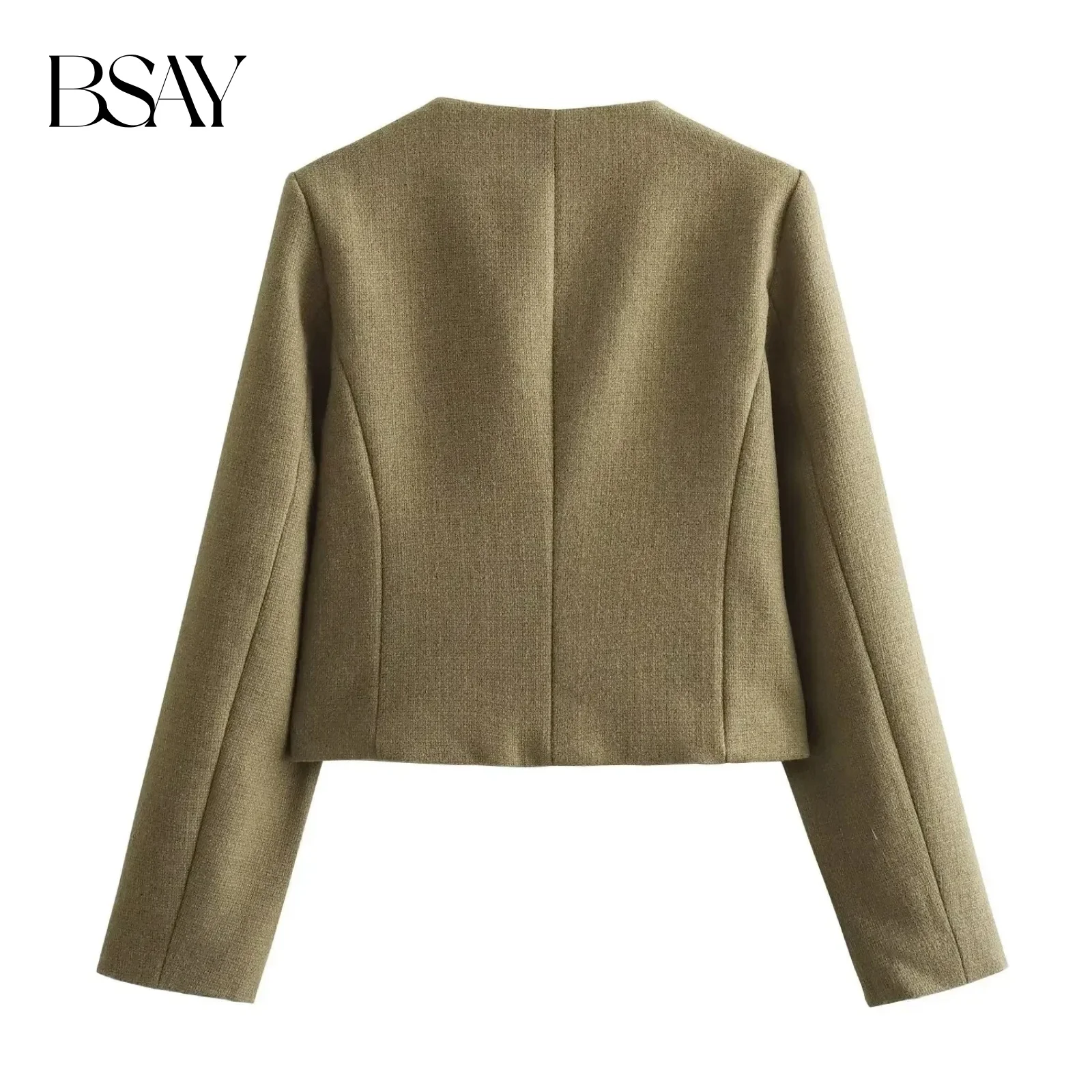 BSAY 女性ファッション秋冬シングルブレストテクスチャードラウンドネックフリップポケットショートジャケットコートシックなレディーストップス Mujer