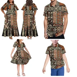 2024 New Summer Short Sleeve Fiji Island Style Women's Dress Men's Shirt Polynesian Art Print Art Family Party Set