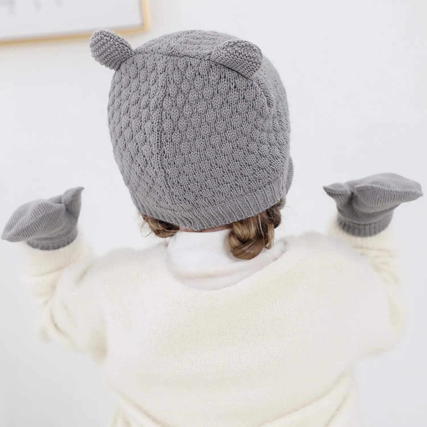 2Pcs Baby Knit Gloves Hat Set Solid Color Autumn Winter Ear Protection Infant Toddler Beanie Cap for Girls Boys Cute Outdoor War