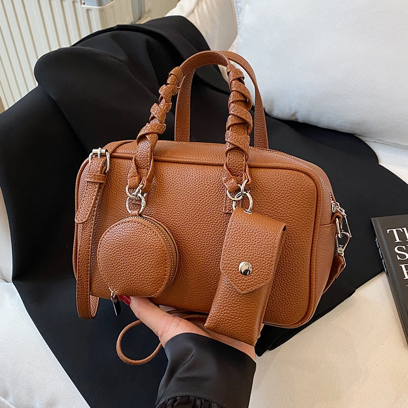 

Famous Brand Designer 3-IN-1 Messenger Bag Solid Pu Leather Crossbody Bag Bowling Handbag Tote Large Capacity Shoulder Bag khaki