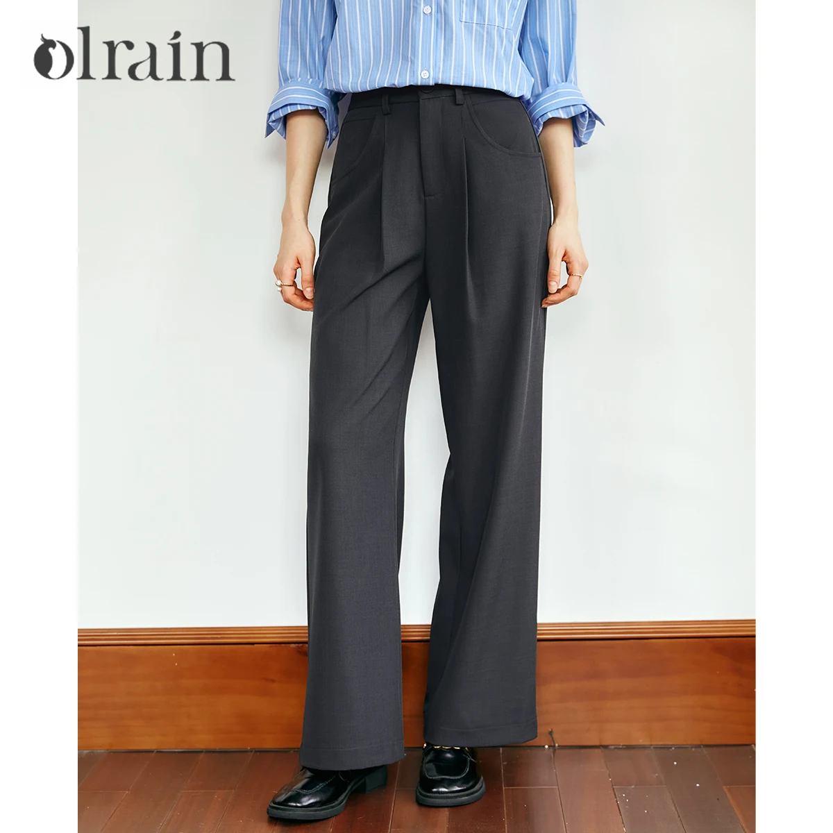 

OLrain Gray Dress Pants Women 2025 Autumn Office Lady New High Waist Commuter Loose Straight Wide Leg Woman Trousers M56QK93365