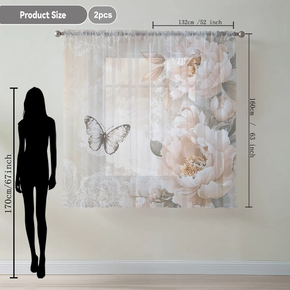 2Pcs Pink Peony And Butterfly Print Home Decoration Window Screens Suitable For Coffee Shops, Restaurants, Bedrooms
