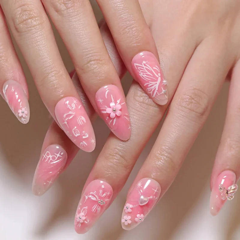 Pink Flowers Decorations Butterfly Heart Pearl Valentine Bowknot Almond False Nails Art Round Fake Nails Press on Nails Manicure