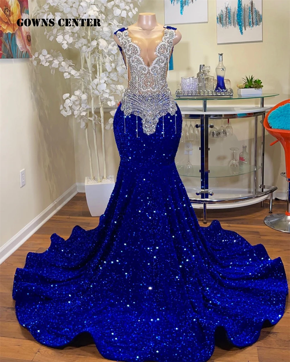 Vestido de graduación con borlas plateadas y lentejuelas azules reales para boda, vestido de sirena brillante, vestido de recepción de cumpleaños