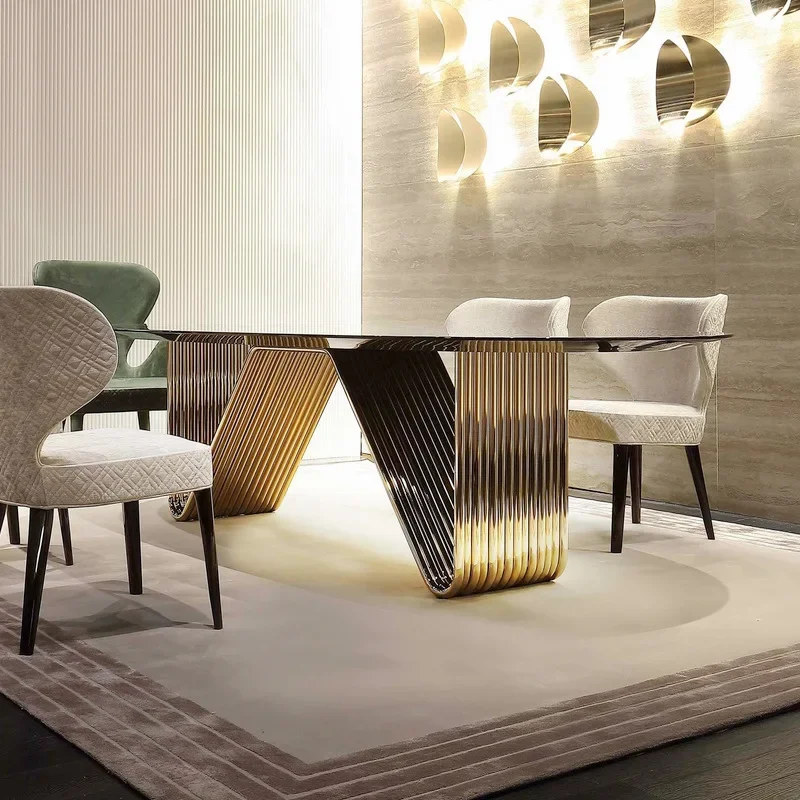 Dining room furniture light luxury stainless steel glass top dining table marble creative table villa rectangular table