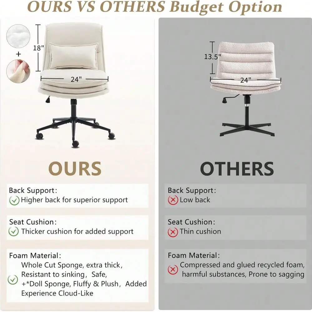 Criss Cross Legged Chair,18 High Back Armless Home Office Desk Chair With Wheels,Wide Adjustable Comfy Padded Seat Task Compute