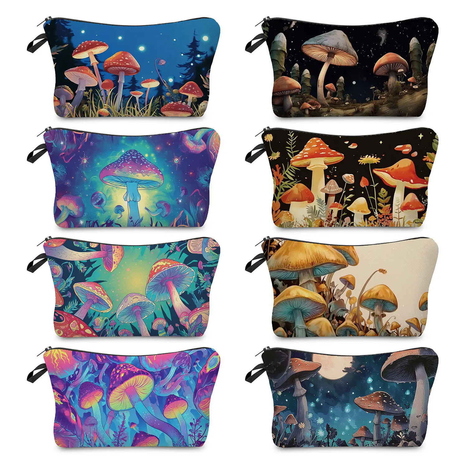 Cartoon Mushroom Print Makeup Bags Outdoor Travel Portable Wash Bag Zipper Double Sided Women Cosmetic Bags Storage Bags Gift