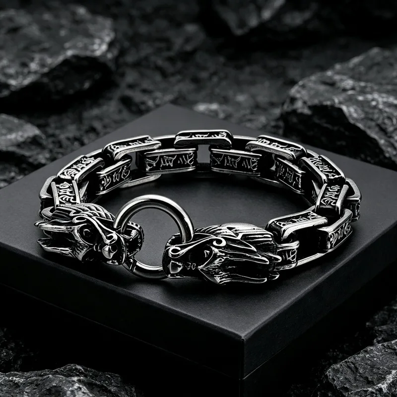 Gothic Men Stainless Steel Double Dragon Head Bracelet Retro Pattern Link Chain Biker Fashion Jewelry Banquet Christmas Gifts