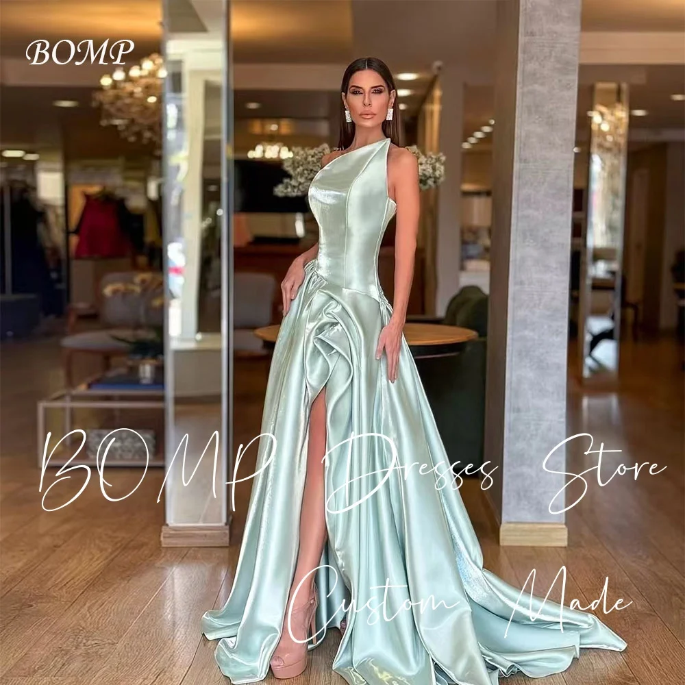 

BOMP Shiny Green Evening Gown Strapless A-Line Draped Side Slit Sweep Train Special Occasion Dress Customized Saudi Arabic