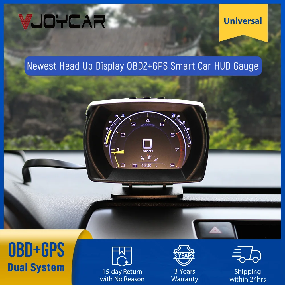 

Vjoycar V62 2022 Newest Head Up Display Auto Display OBD2+GPS Smart Car HUD Gauge Security Alarm Water&Oil Temp. CVT. RPM Turbo