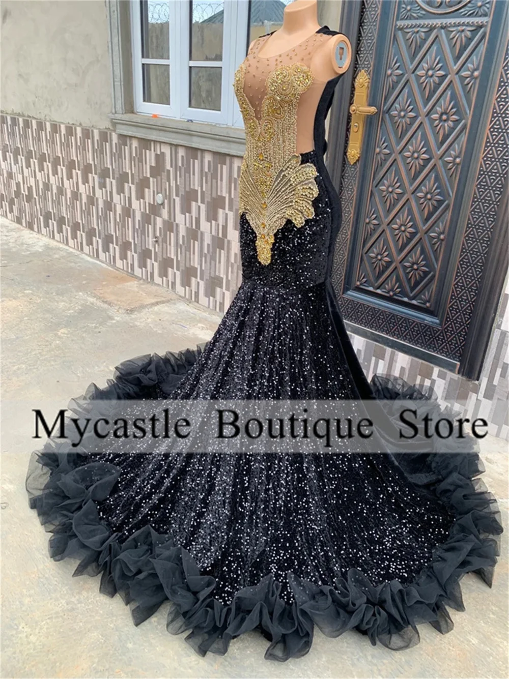 Sparkly Black Sequin Bead Ruffles Mermaid Prom Dress Black Girl 2025 Gold Crystals Rhinestones Evening Dress Birthday Party Gown