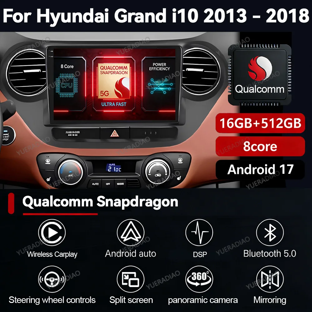 Radio para Auto Android 17 para Hyundai Grand I10 2013-2016, GPS, DSP, Carplay Inalámbrico, Auto 5G WIFI, Estéreo Multimedia, Navegación NAVI, 2DIN