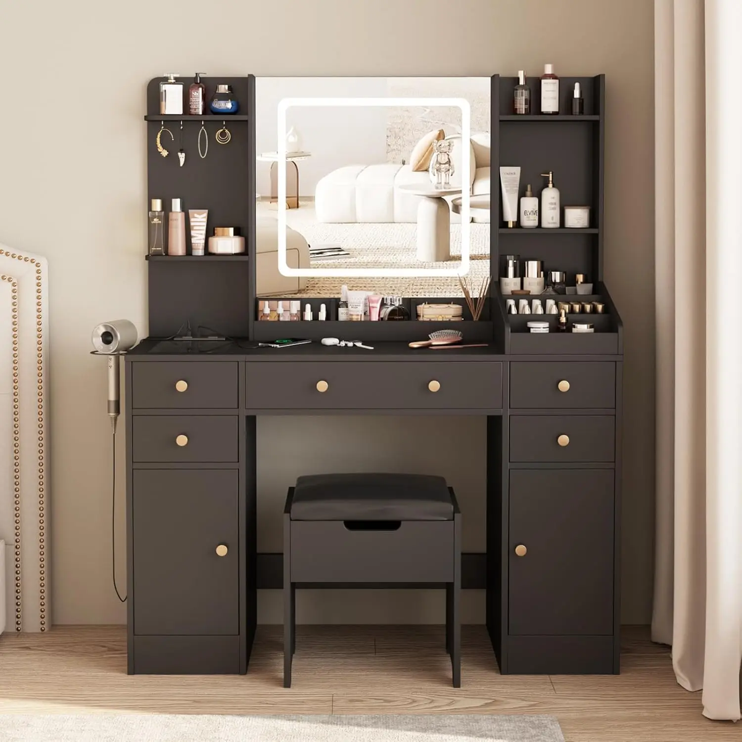 Vanity Desk with Lights, Makeup Table with Charging Station, 44.9in Black