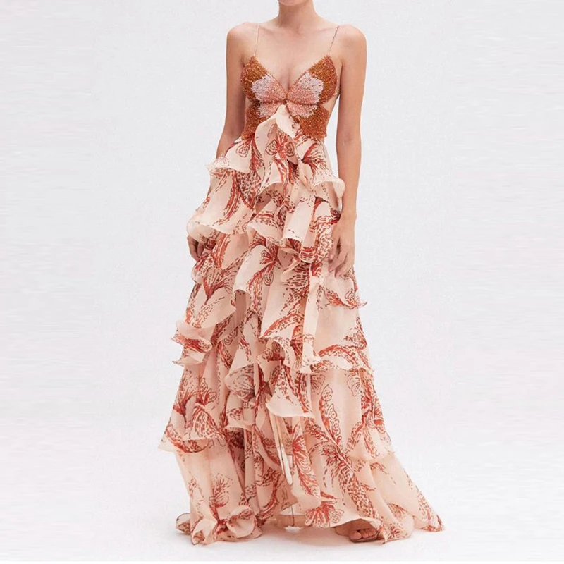 Vestido feminino com estampa de borboleta, sem mangas, suspensório, retrô, decote em v, costas nuas, vestido de férias em camadas, babado, cintura alta, bolo, vestido longo