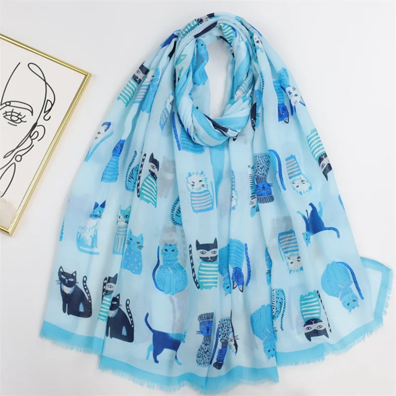 2023 Spain Lovely Cartoon Cat Pattern Fringe Viscose Scarf Lady Print Soft Shawls and Wraps Pashmina Muslim Hijab Sjaal 180*90Cm