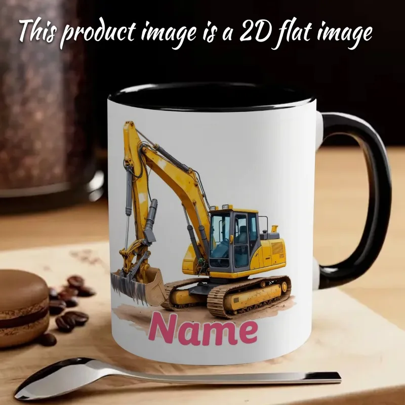 Personalized 2D Print Excavator Mug Custom Name Ceramic Coffee Cup 11oz Gift for Kids Birthday Christmas