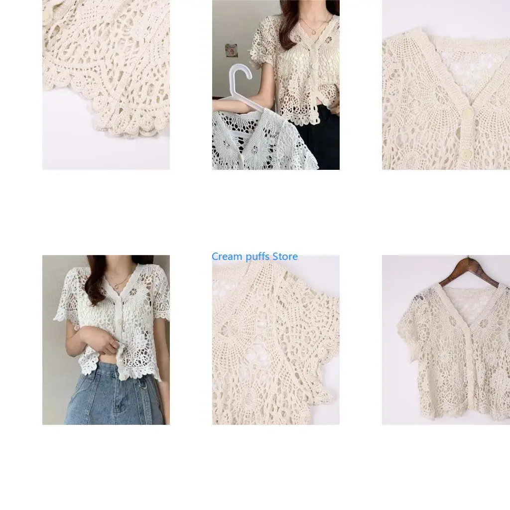 50LE Women Summer French Short Sleeve Lace Shrug Hollow Out Crochet Knit Bolero Cardigan V-Neck Button Down Sheer Crop Top