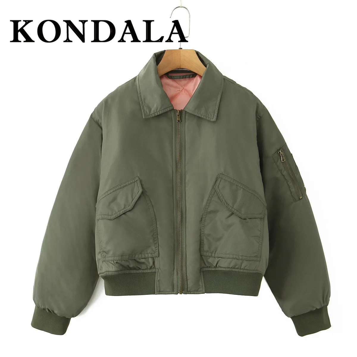 KONDALA Chic 2025, Herbst Winter Frauen Motorrad-stil Jacke Zipper Tasche Lose Warme Grüne Mäntel Mode Lässig Weiblichen Outwear