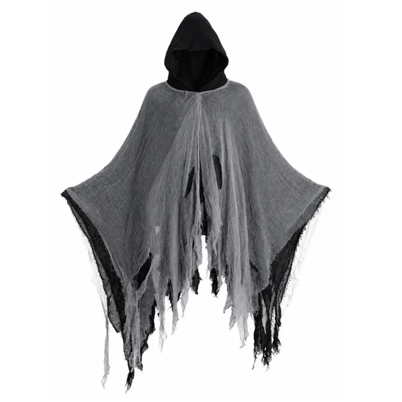 39BD Halloween Party Costume Cloak for Adults, Hooded Layered Wrap with Distressed and Full Length Coverage