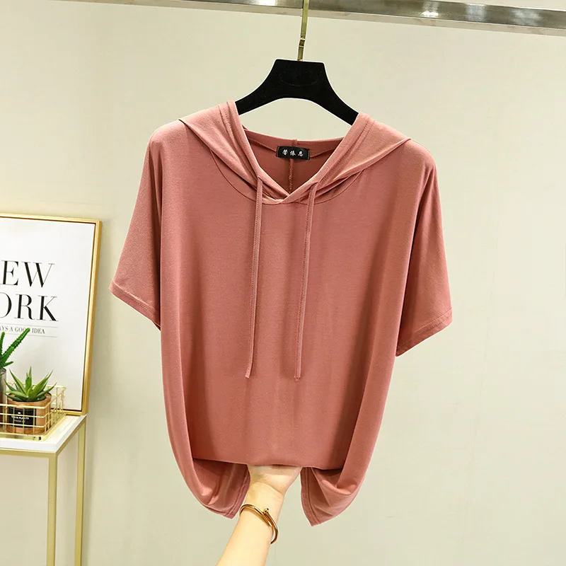 Summer 2025 New Women's Short Sleeve Pajamas modal T-shirt Ladies Hooded Thin Loose Bottom Shirt Top Home Wear Sleepwear