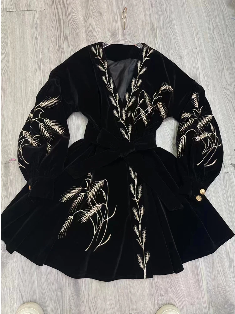 SEQINYY Elegant Black Dress Spring Autumn New Fashion Design Women Runway High Quality Embroidery Flower Vintage Velvet