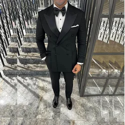 Fashion Men Suits Black Bespoke Double Breasted 4 Splits Blazer Sets Peaked Lapel Wedding Party Slim Fit Male Clothing Costume