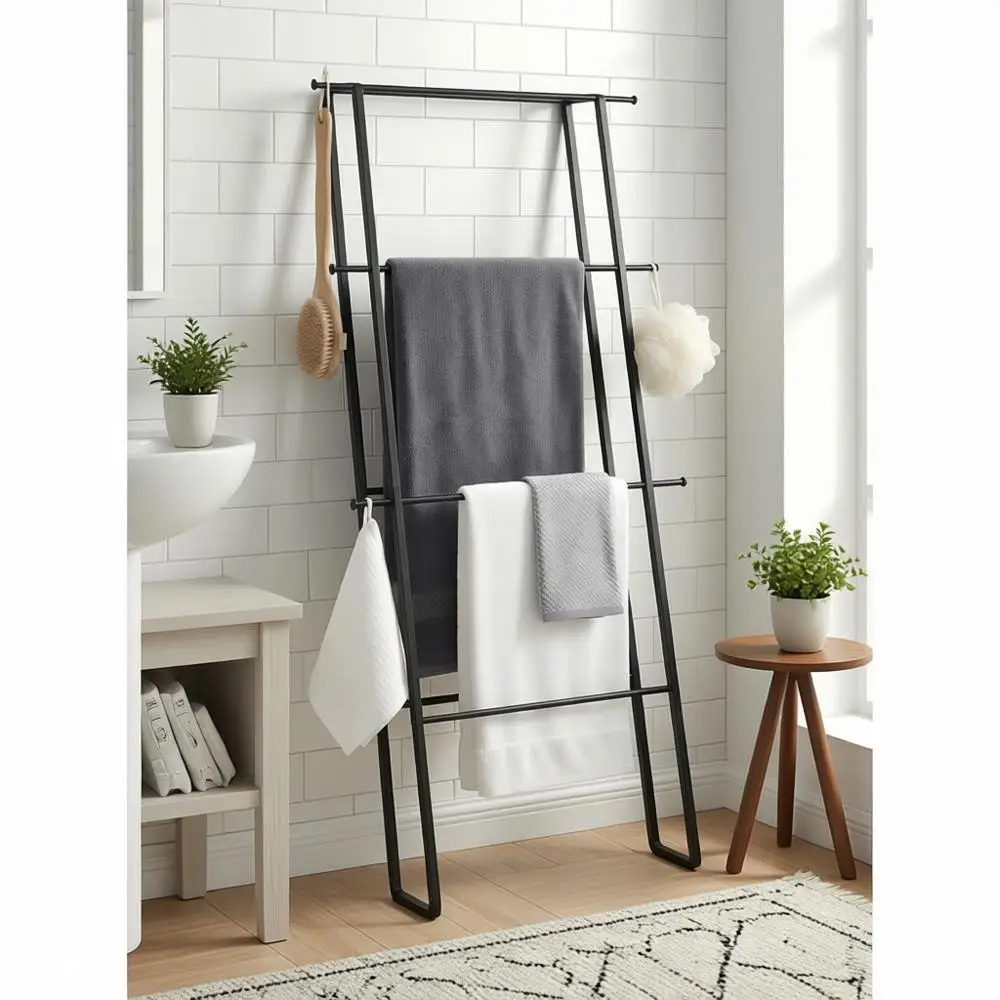 

4-Tier Leaning Ladder Towel Rack, Matte Black, No-Drill Storage Organizer for Home