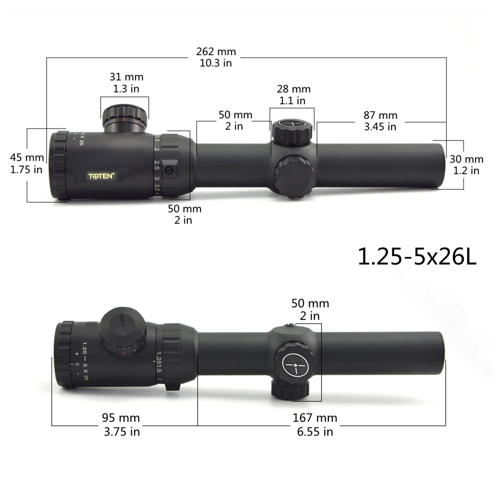 TOTEN Leichtes 1,25-5x26 Jagdzielfernrohr FMC beleuchtetes Scharfschütze, luftweiches taktisches optisches Stickstoffvisier, passend für 223 Cal