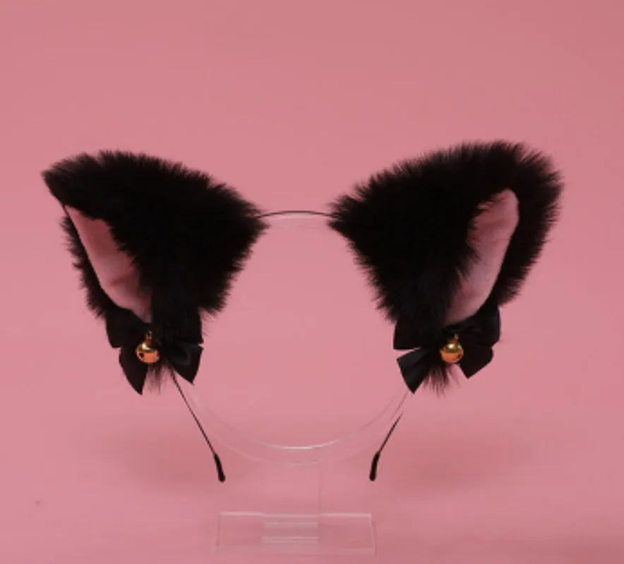 Simulation of cat ears hairband furry black and pink with bow bell cosplay kitten