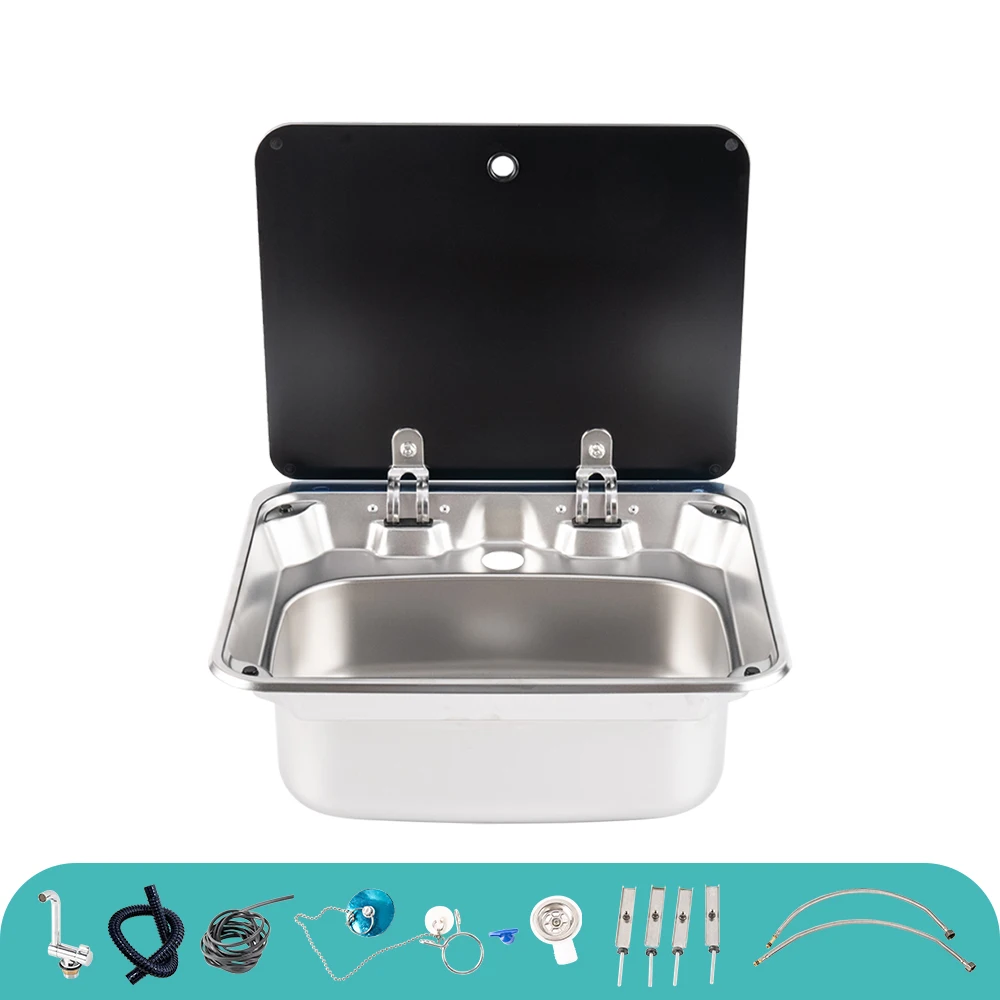 RV Kitchen Sink,SS304 Stainless Steel Compact Basin With Tempered Glass Lid For Van Trailer Marine Boat Camper RV Wash Basin JDA