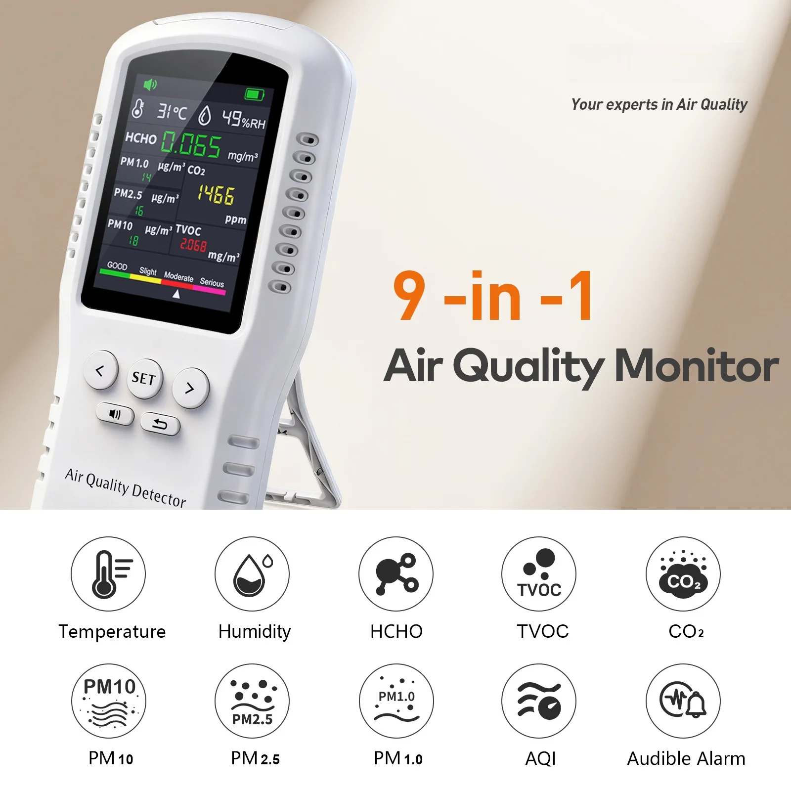 Air Quality Monitor 6‑in‑1 Detector HCHO TVOC CO2 PM2.5 PM10 PM1.0 Tester LCD Color Screen Voice Alarm Indoor Home Car Air Quality Detector view 2
