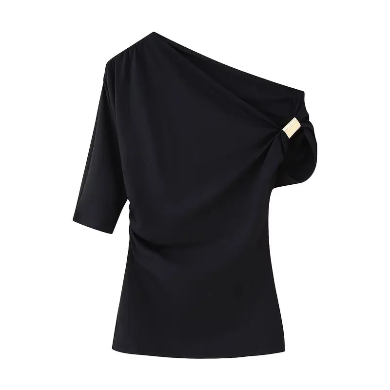 Wiosna 2025 Damska Moda Nowości Jednolity Kolor Nylon Asymetryczny Prosty Top Do Pracy Letni Regularny Krój T-shirt