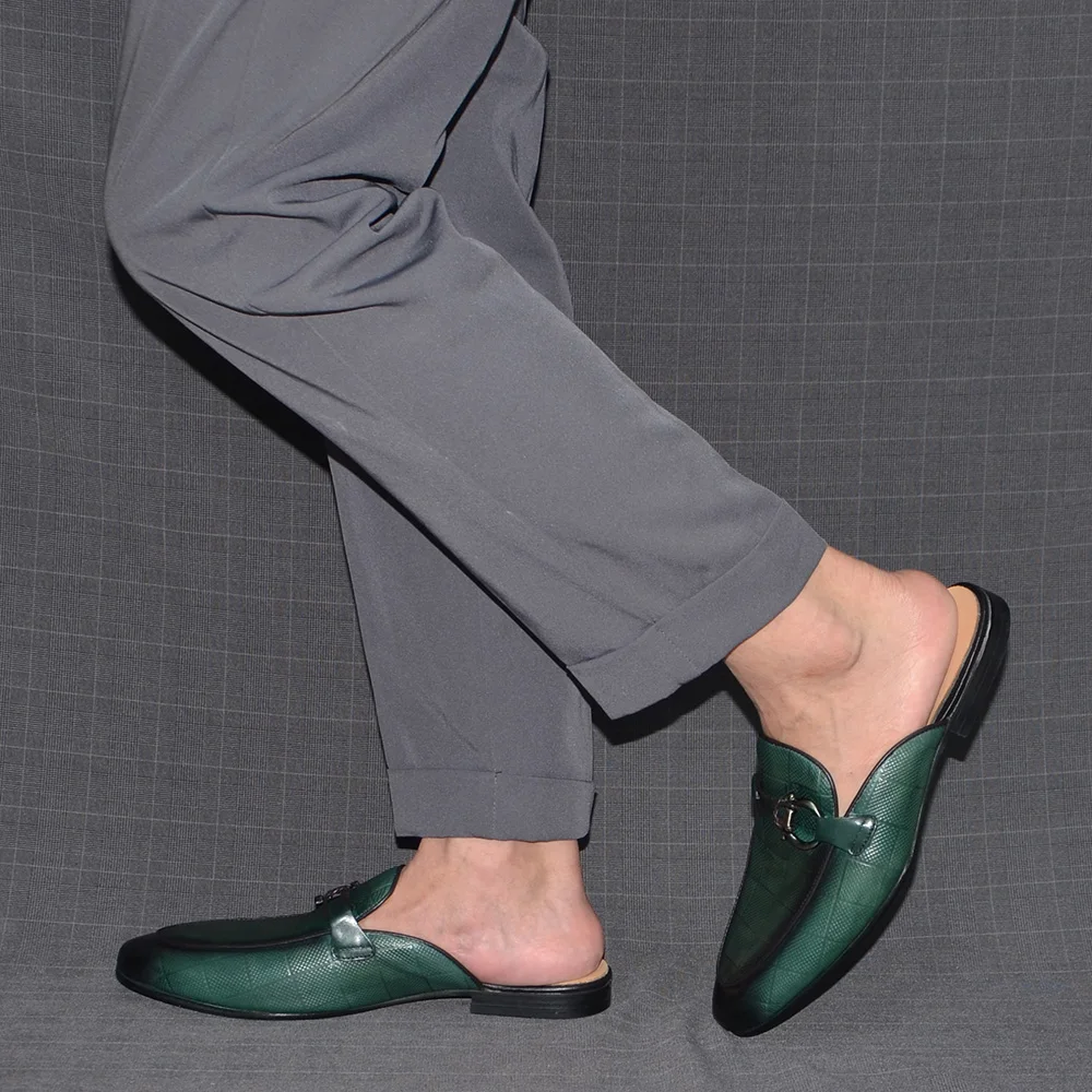 Male Buckle Mule Slip on Backless Loafer Slides Classic Dressy Flat Sandals Checkerboard Genuine Leather Closed Toe Half Shoes