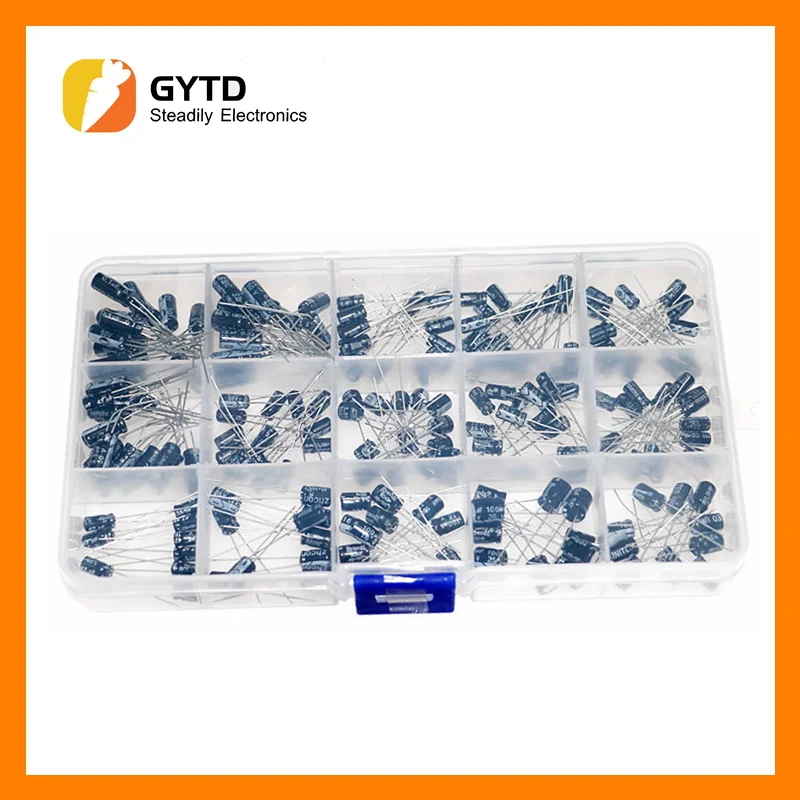 

200pcs/lot Radial capacitors set 15Values 10V 16V 25V 50V 0.1uF-220uF Electrolytic Capacitor Assortment Kit 0.22uf 2.2uf 100uf