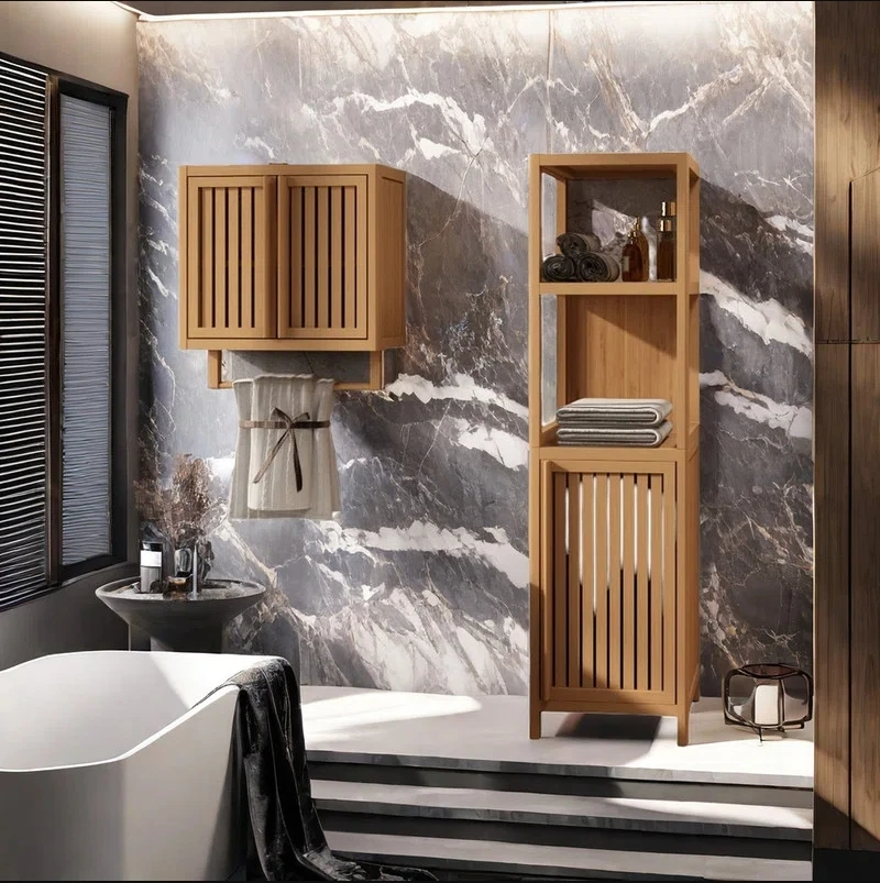 

！@Combohome Bamboo Freestanding Bathroom Storage Furniture Set Bathroom Cabinet Wall Mounted Bamboo Toilet Storage Box