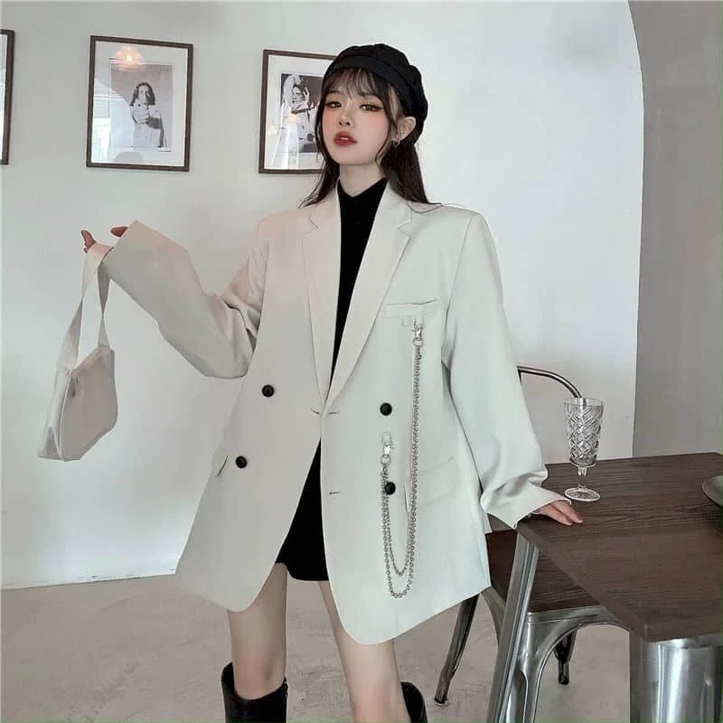 Solid Blazers for Women Elegant Oversized Long Sleeve Casual Basic Jackets Vintage Tailored Collar Coats Korean Style Women Tops