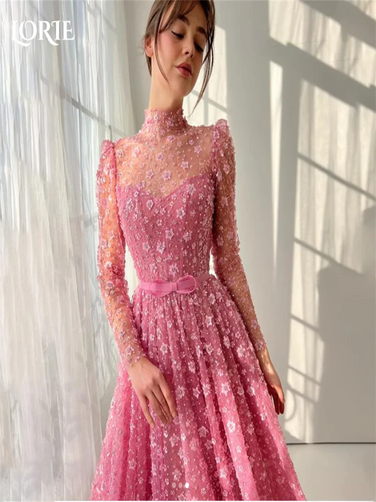 

LORIE 3D Цветочные платья для выпускного вечера с высоким воротником и длинными рукавами длиной до пола, милое вечернее платье 17, плиссированное вечернее платье в Аравии по индивидуальному заказу