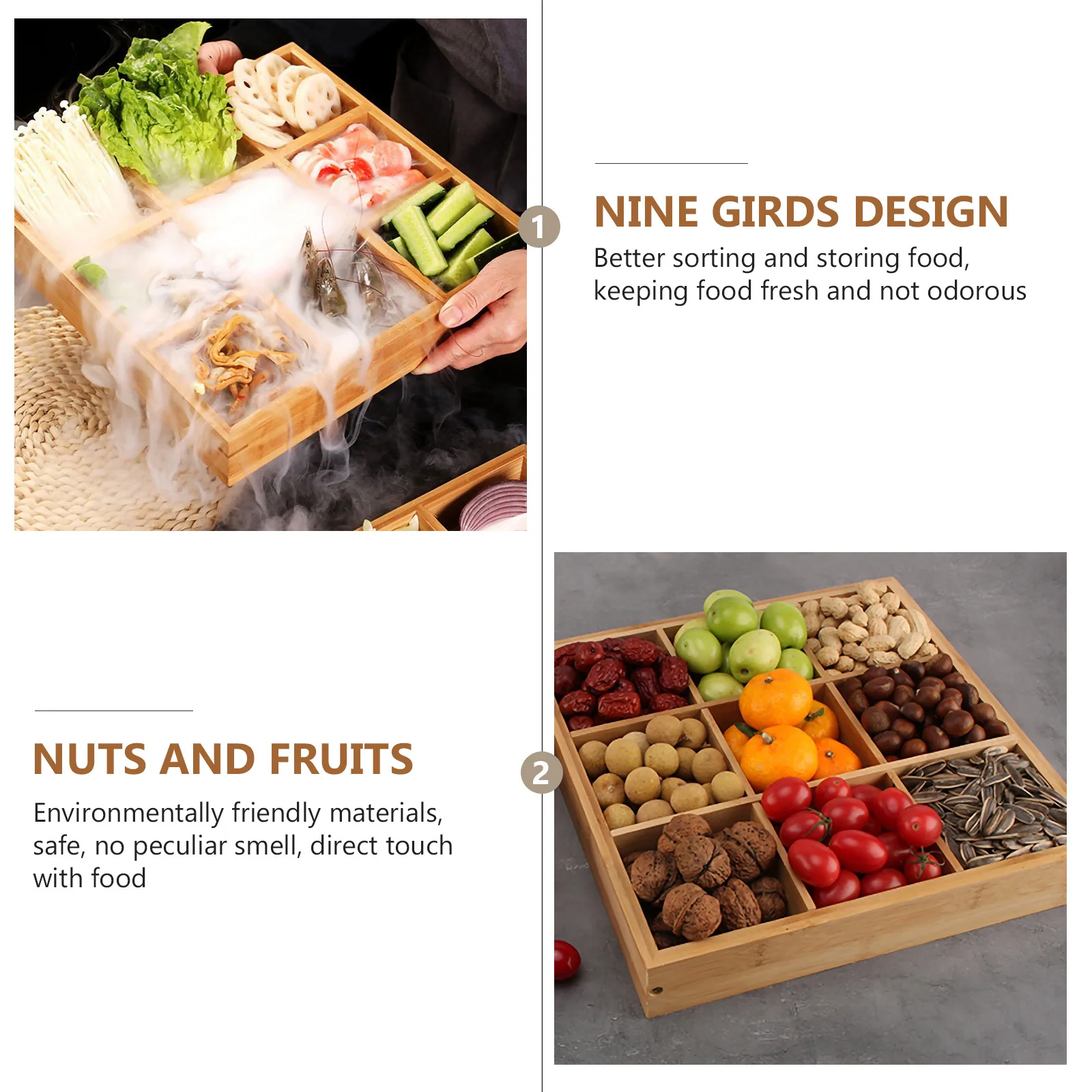 

1pc Nine Grids Tray Bamboo Vegetable Plate Divided Food Serving Tray For Hot Pot Salad Fruit Storage Eco-Friendly