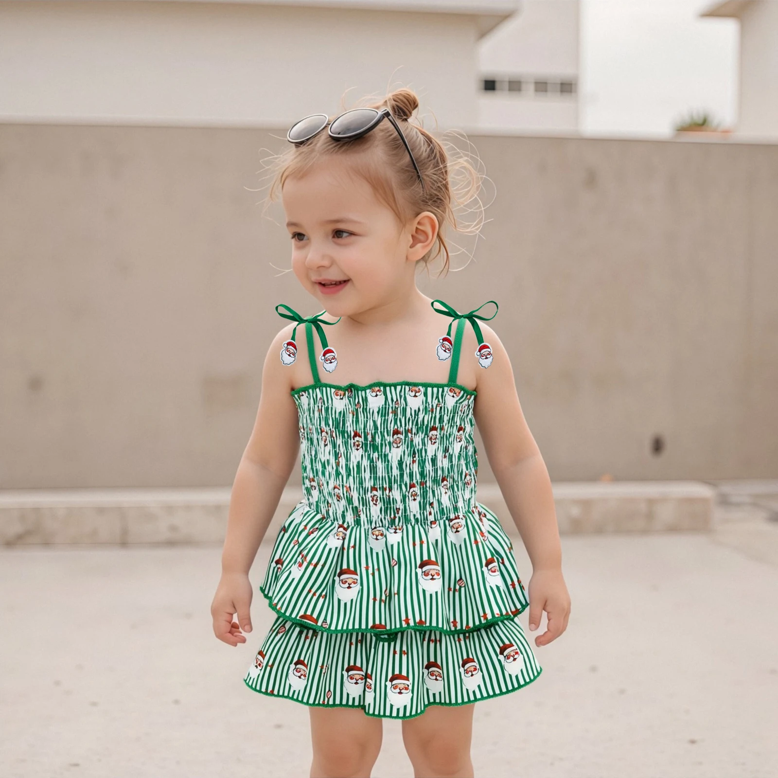 Baby Girl Christmas Romper Dress Sleeveless Santa Claus/Candy Cane Print Tie Shoulder Cami Jumpsuit