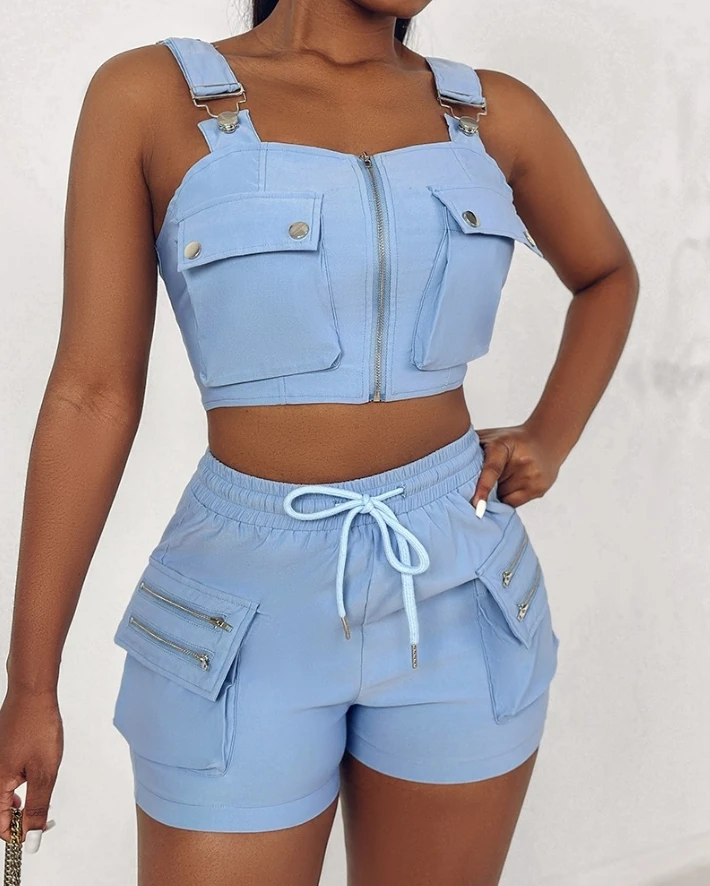 New Fashion 2Psc for Women 2024 Summer Square Neck Sleeveless Snap Button Pocket Design Cami Top & Zipper Design Shorts Set