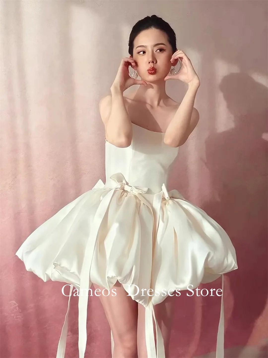 SONDR Korean Strapless Satin Mini Wedding Dress Big Bow Waist Bubble Puff Skirt Ballet Core Short Bridal Gown For Portrait Shoot