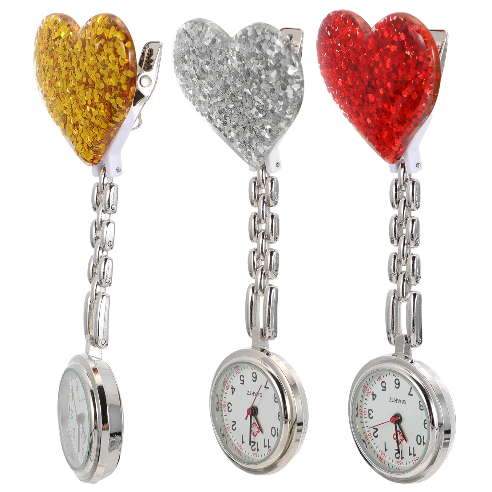

3pcs Heart Nurse Hanging Clip-On Nursing Watch For Women Durable Alloy Fashionable Nurses Stylish Design Accurate Time Gift